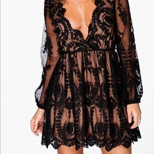 Black Sheer Lace Lined Deep V Holiday Dress